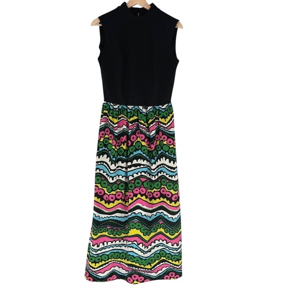 Vintage‎ 60s 70s Psychedelic Print Maxi Dress Black Mock Neck Sleeveless